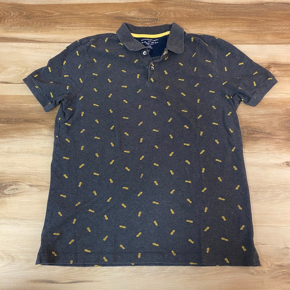 Banana Republic Polo Shirt Mens Large Gray Pineapple Print Short Sleeve